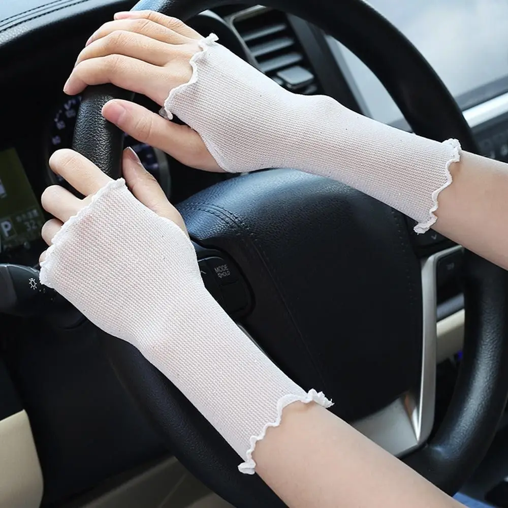 New Elastic Women Sunscreen Gloves Thin Anti-UV Shinny Mesh Gloves Ruffle Sun Protection Hand Cover Cycling Driving