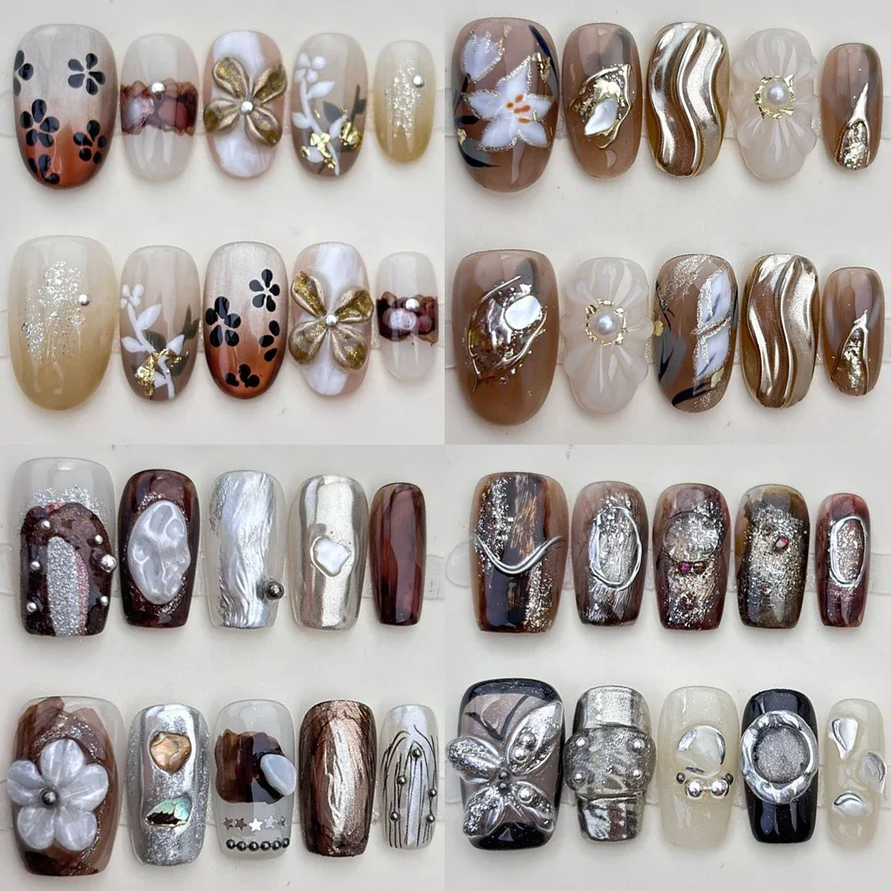 

10Pcs Cute Short Round Ellipse Shape Reusable Handmade Manicure Maillard Flowers Pearl Diamond Design Press On Nails Gift