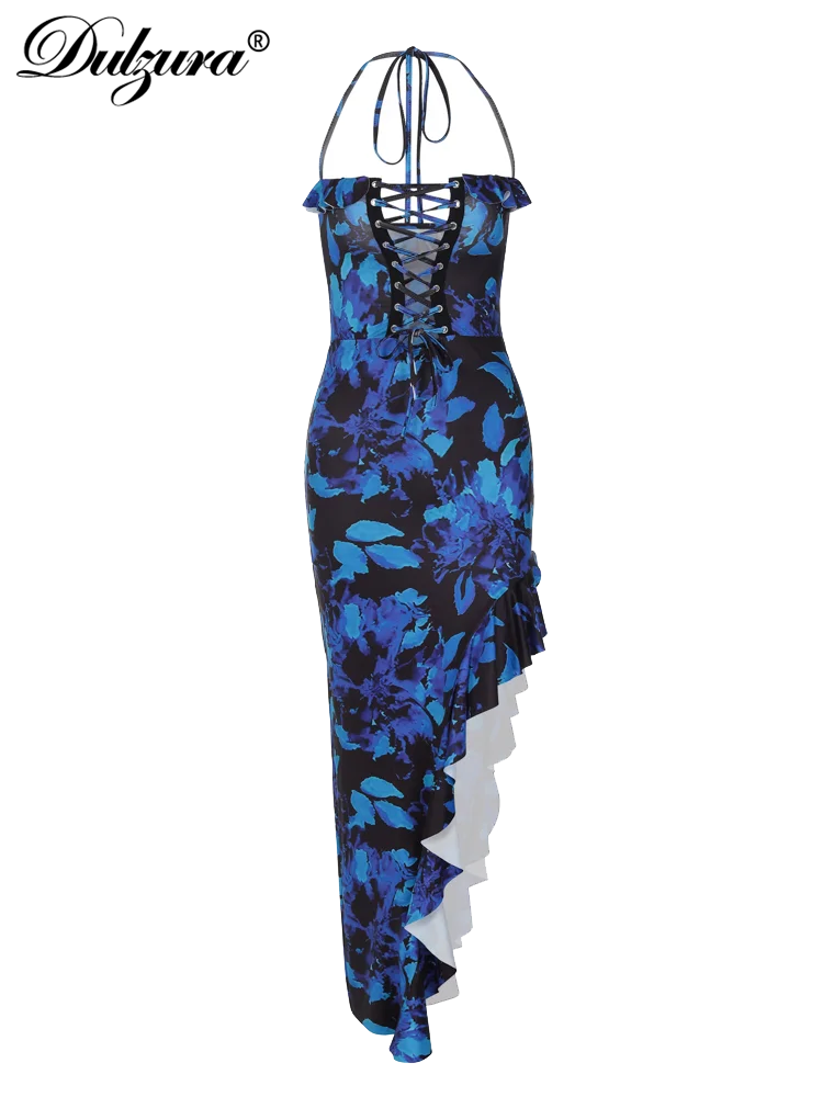 Dulzura Print Halter Backless Hollow Out Lace-Up Dress Ruffle Bodycon Club Outfits Streetwear 2023 Summer Sexy Y2K Evening Party