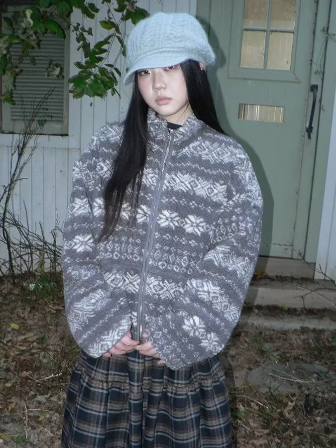 Retro fair isle bordado lapela cor blo pele de cordeiro jaet feminino inverno aosphere solto preguiçoso sle casaco de algodão na moda