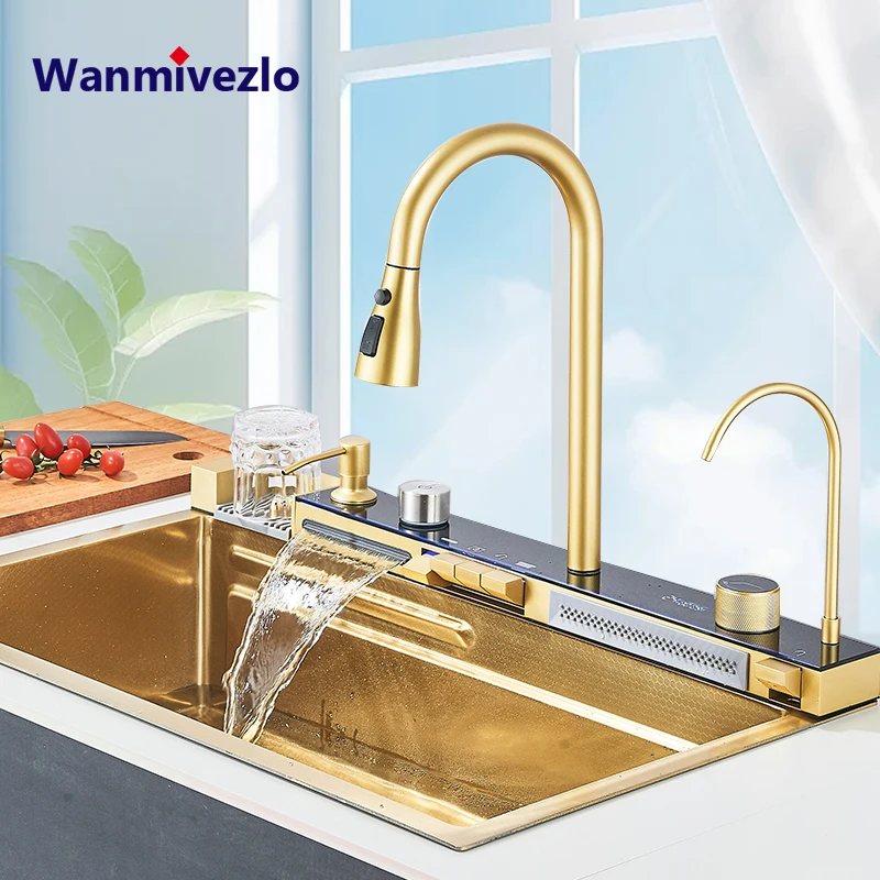 Golden Stainless Steel Kitchen Sink Smart Digital Display Integrated Kitchen Sink Set Multi-functional Wash Basin