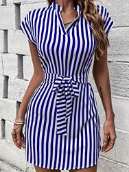 Summer New Striped Print Dress For Women 2024 Fashion V-neck Sleeveless Lace Up Short Skirt Elegant Office Lady Slim Dresses