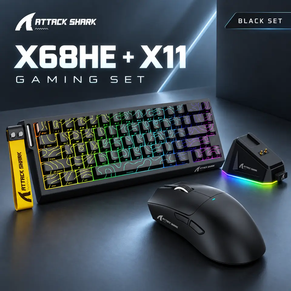 مجموعة ألعاب ATTACK SHARK X68HE & X11 تردد 8000 هرتز لوحة مفاتيح مغناطيسية RT 0.01 ملم ماوس لاسلكي ثلاثي الوضع مع قاعدة شحن