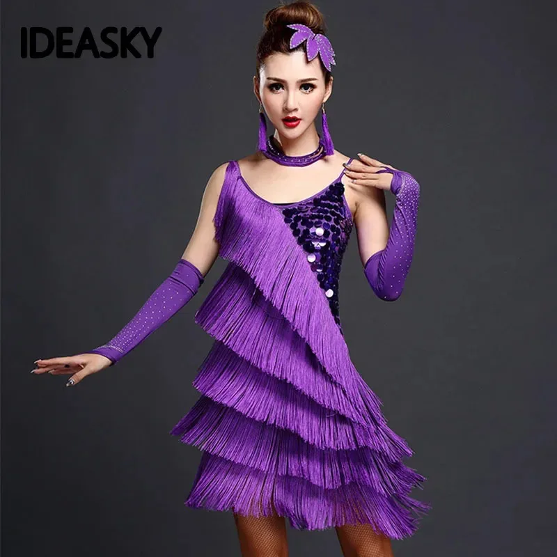 

Платья для бальных соревнований, красные костюмы для латинских танцев для взрослых, женская танцевальная одежда для сальсы, танцевальные костюмы, платья с бахромой, золото PB7749