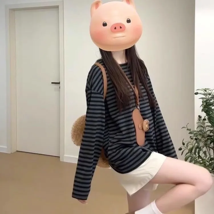 Outono Inverno Fce Forrado Cor Blo Listrado College Sle redondo Ne Long Sve Solto Preguiçoso Sensação Base Camada irt Mulheres...