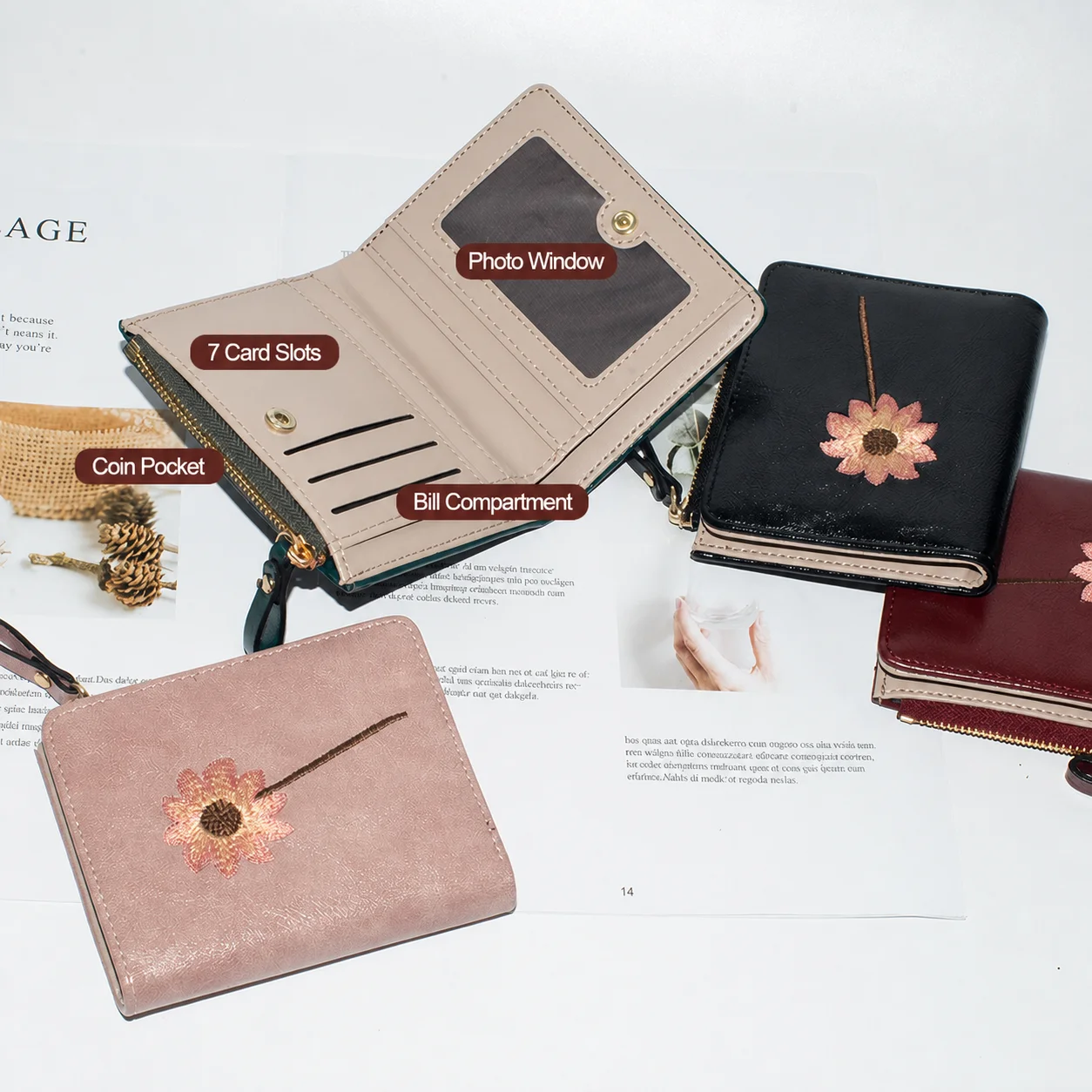 Women's Short Wallet PU Leather Cute Sunflower Embroidered Purse Zipper Coin Pocket Large Capacity Multi-Card Organizer