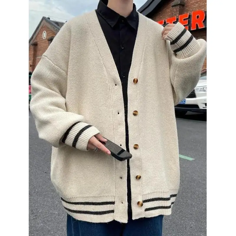 

Men's Striped Print Open Cardigan Knitted Sweater oulder Drop Sle Coolmax Fiber Ciwalk Collar Nine Sve Length