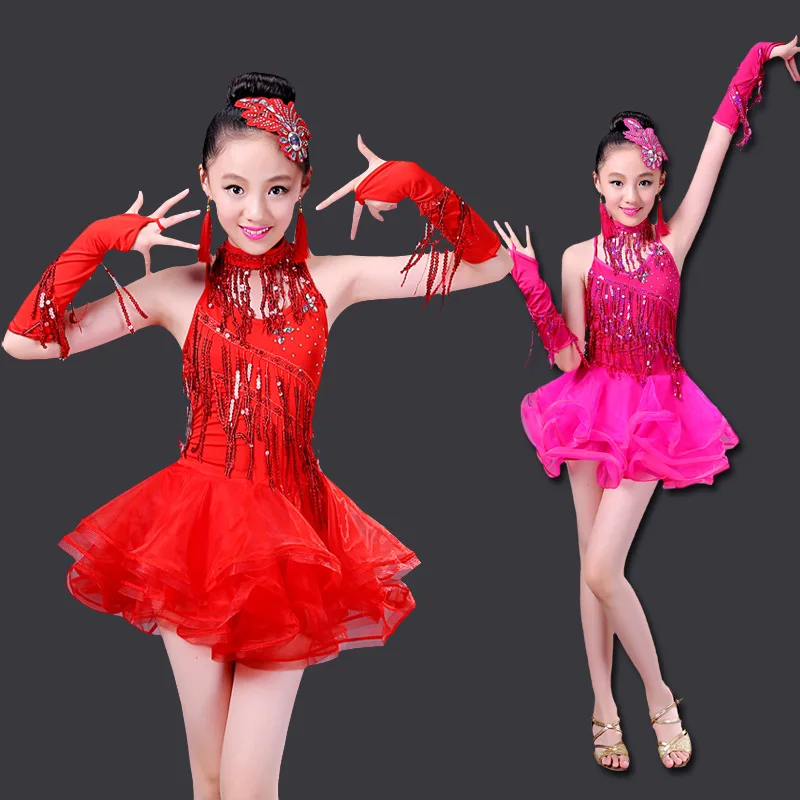 Set Sequins Fringe Tassels Latin Dance Dress Latin Dress Costume for Girls Kids Ballroom Costume Professional Salsa Rumba Cha Ch