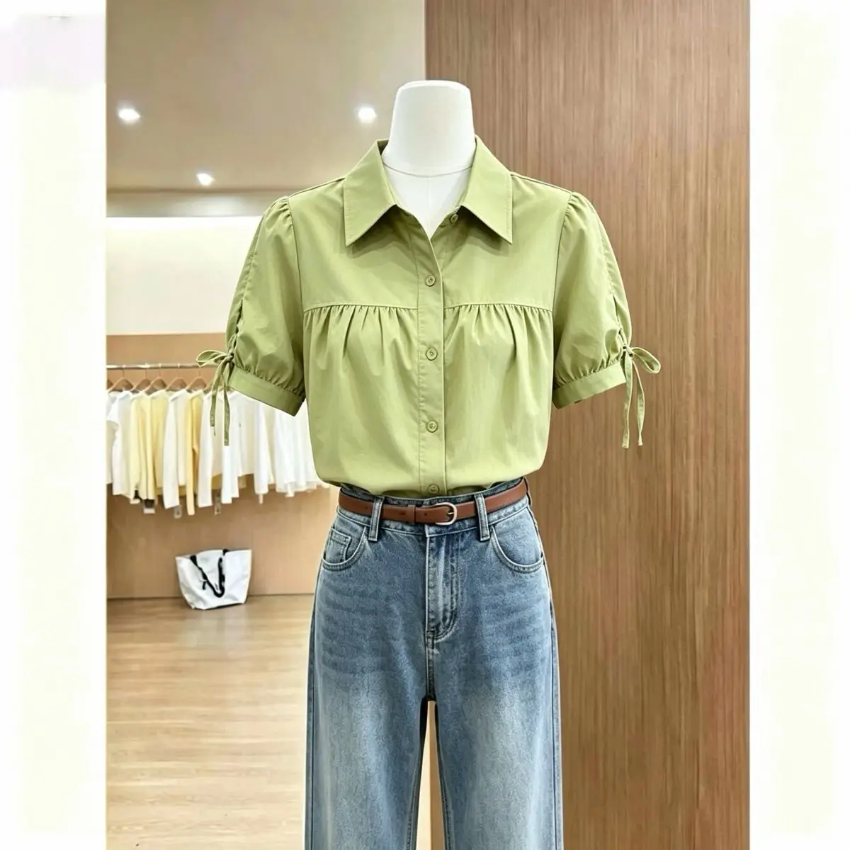 Fashionable Thin Short Sleeve Shirt for Small Stature Women  Knot Loose Fit Summer New Style Top  Collar Other M...