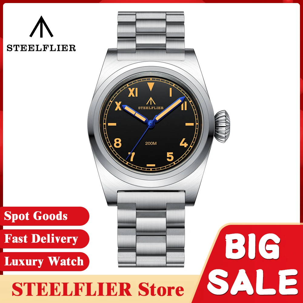 Stahl flieger sf744 Luxus Quarz Armbanduhr für Männer vh31 Stumm schalt werk Saphirglas Retro-Stil leuchtende 200m wasserdichte Uhr