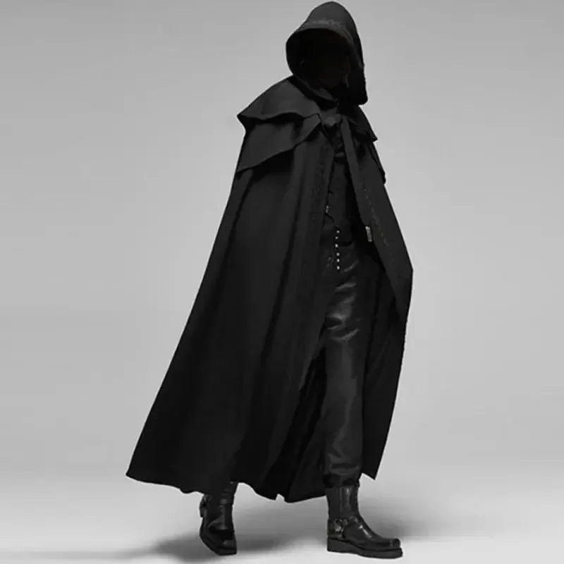 Men Monk Cosplay Outfit Medieval Vintage Gothic Hooded Loose Black Long Cape Poncho  Trench Winter Cloak Coat  Halloween view 3
