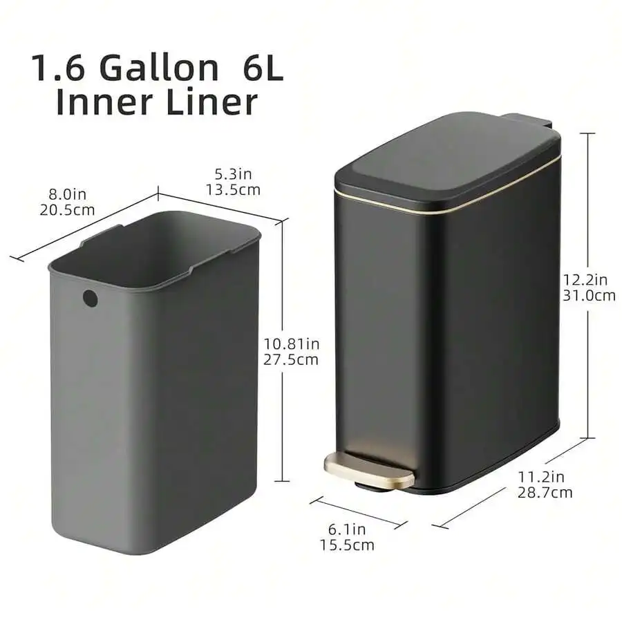 

Slim Bathroom Trash Can With Lid 6L Stainless Steel Step Pedal Garbage Bin Detachable Inner Bucket Silent Close