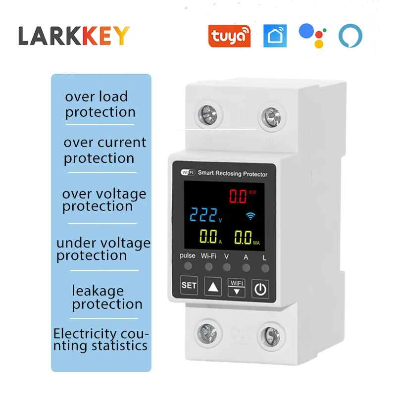 LED TUYA WiFi Smart Circuit Breaker AC63A Auto Reclosing Relay Din Rail Switch Electric Consumption Meter Over Voltage Protect