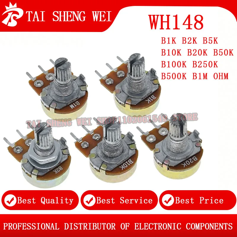 

5PCS Potentiometer Resistance WH148 B1K B2K B5K B10K B20K B50K B100K B250K B500K B1M 3pin 15mm Linear Taper Rotary Potentiometer