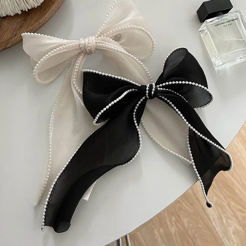 Elegant Pearl Streamer Hair Bows Clips Women Ponytail Hairpin Pearl Rim Mesh Bowknot Grips Barrettes Top Head Headdress Headwear