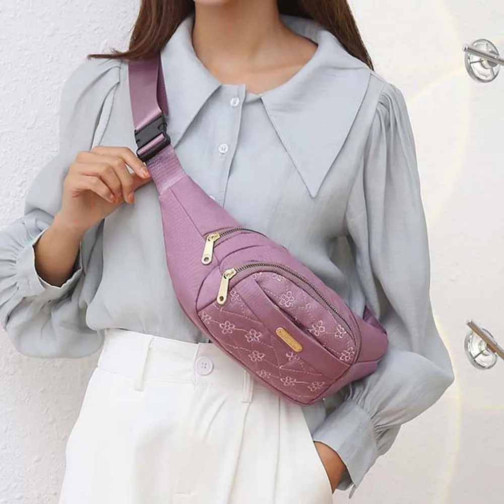 

Waterproof Women Fanny Pack Large Capacity Flower Pattern Embroidery Bumbag Oxford Cloth Multi-functional Sports Chest Bag