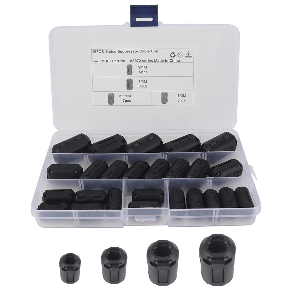 25Pc Cable Connector Clamp 3.5/5/7/9mm Ferrite Core Ring Clamp Kit RFI EMI Noise Magnetic Filter For Power Cord Noise Suppressor