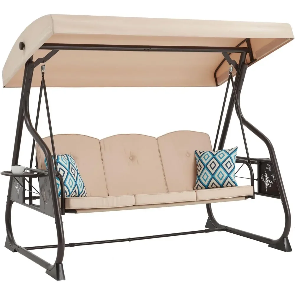 

3 Seat Terrace Porch Swing, 800 lb Outdoor Swing with Stand with Awning and Adjustable Backrest Patio Glider Chair