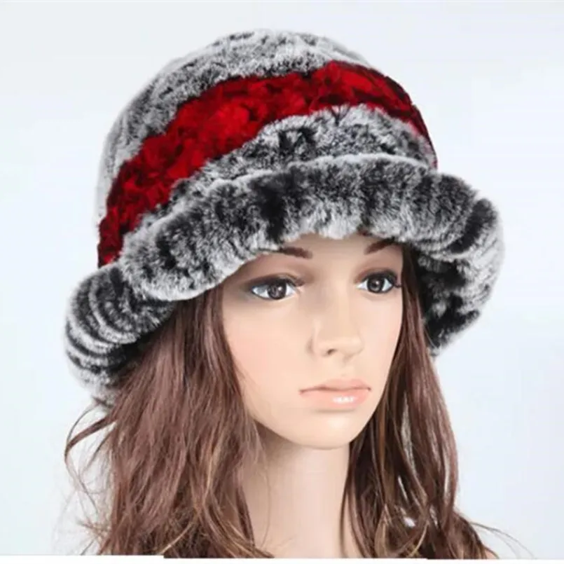 

New Genuine Rex Rabbit Fur Hat Cap Luxury Women Warm Handmade Knitted Winter Headwear Buckets Hats