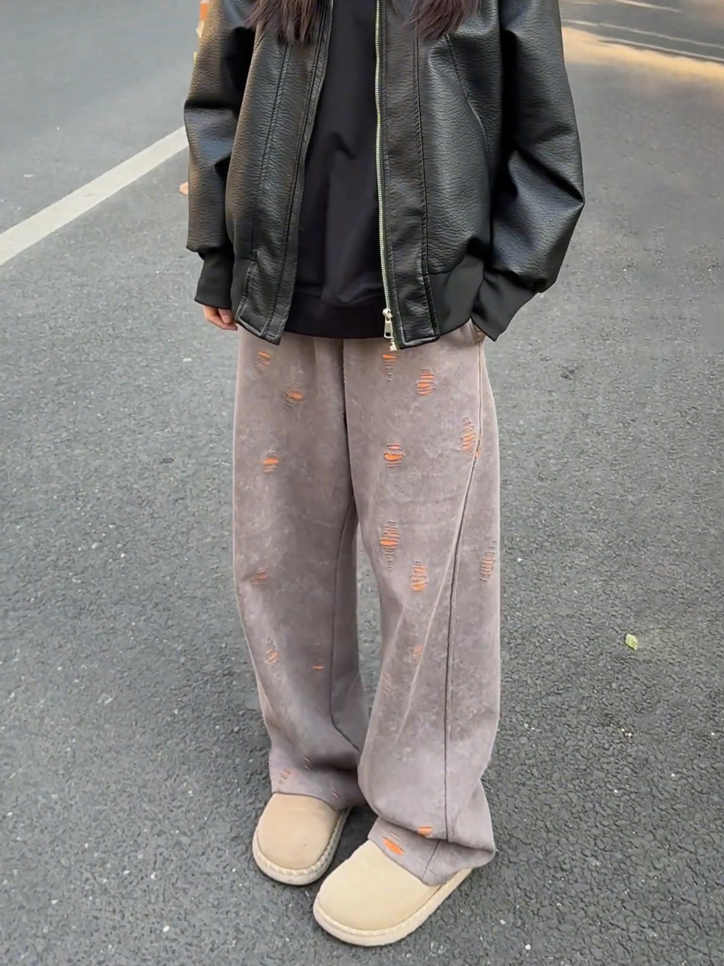 

Мужские повседневные брюки в американском ретро-стиле, утепленные, прямого кроя, свободные, широкие, с эффектом потертости и дизайнерскими прорезями