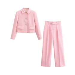 PB&ZA 2024 Spring New Women's Fashion and Elegance Commuting Versatile Short Suit Coat with Belt and Wide Leg Pants Set