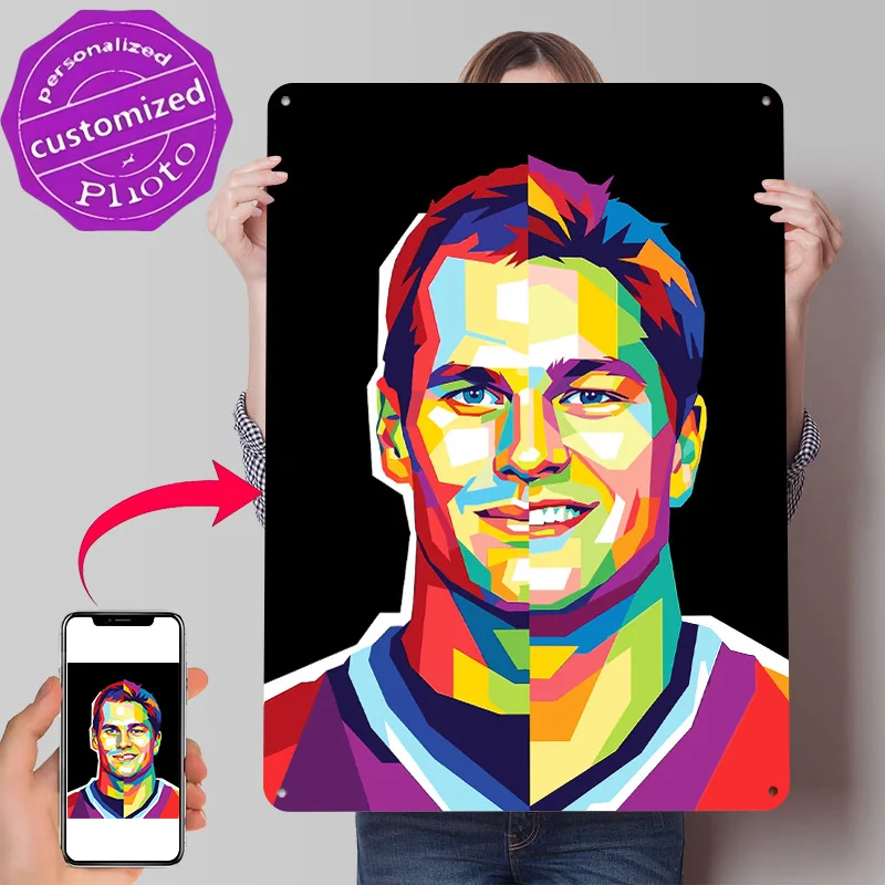 Tom Brady Retrato Pop Art com Textura 3D, Pôster Impresso, Placa de Metal Vintage Personalizada para Decoração de Parede, Casa e Ambientes de Jogos