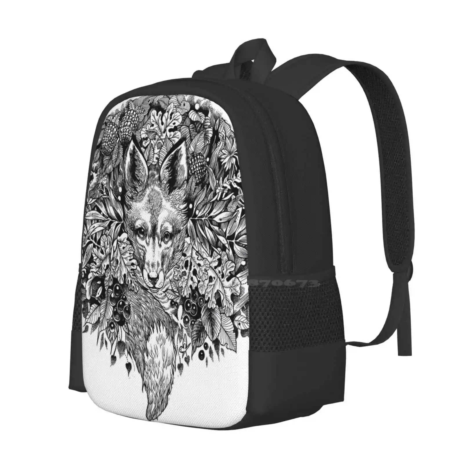 Mochila con diseño de zorro oculto, bolsa de moda con dibujo de tinta de hojas y hojas, bonito trabajo de línea de follaje natural, color blanco y negro, gran oferta