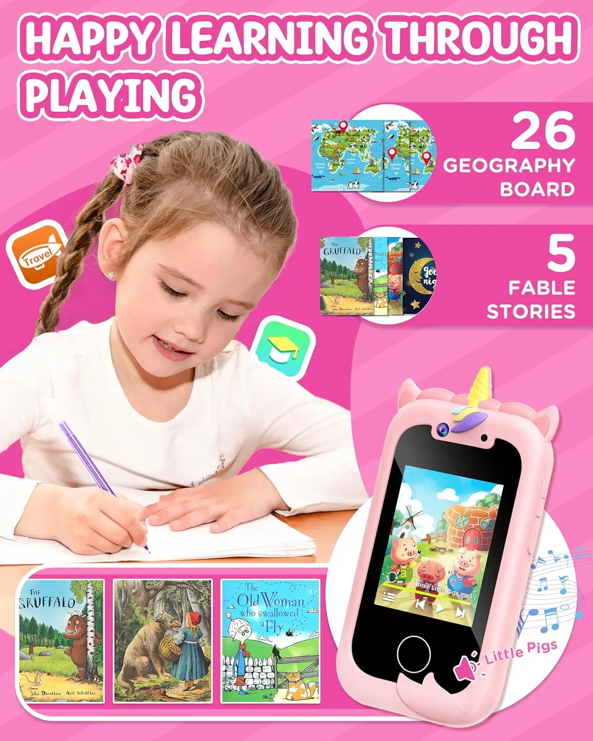 Smart Phone Meisjesspeelgoed voor kinderen: Kerstverjaardagscadeaus voor meisjes van 3-10 jaar - Werkende echte mobiele telefoon - Peuterspeelgoed Leren Ph
