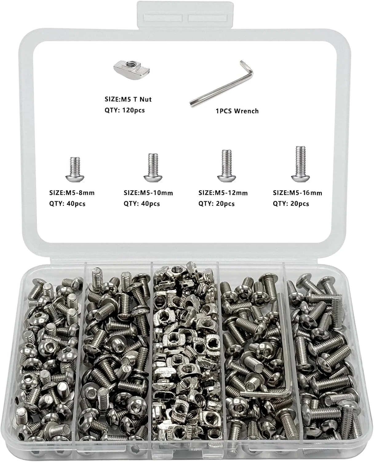 240pcs Aluminum Extrusion Fastener Kit M5x8-16mm Hex Socket Screws with Drop-in T-Nuts for 2020 2040 2080 Profile Frame Building