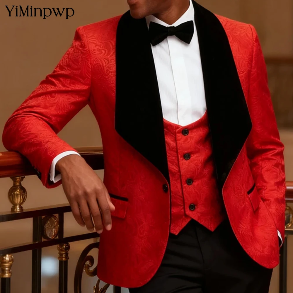 

YiMinpwp Red Jacquard Men's 3 Piece Suit Shawl Lapel Ceremony Formal African Wedding Tuxedo For Groom Floral Pattern XS-5XL