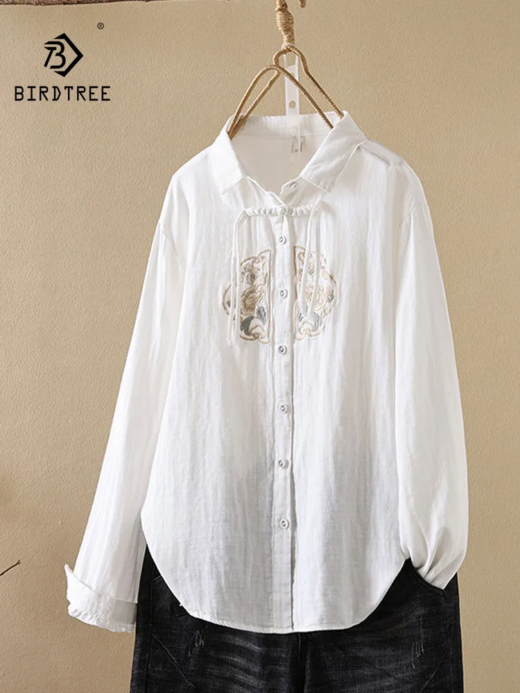 New 2026 Spring Women Cotton Yarn Long Sleeve Shirt, Lapel Embroidery Buttons, Mori Girl Ethnic Style Soft Loose Blouse T62828CC