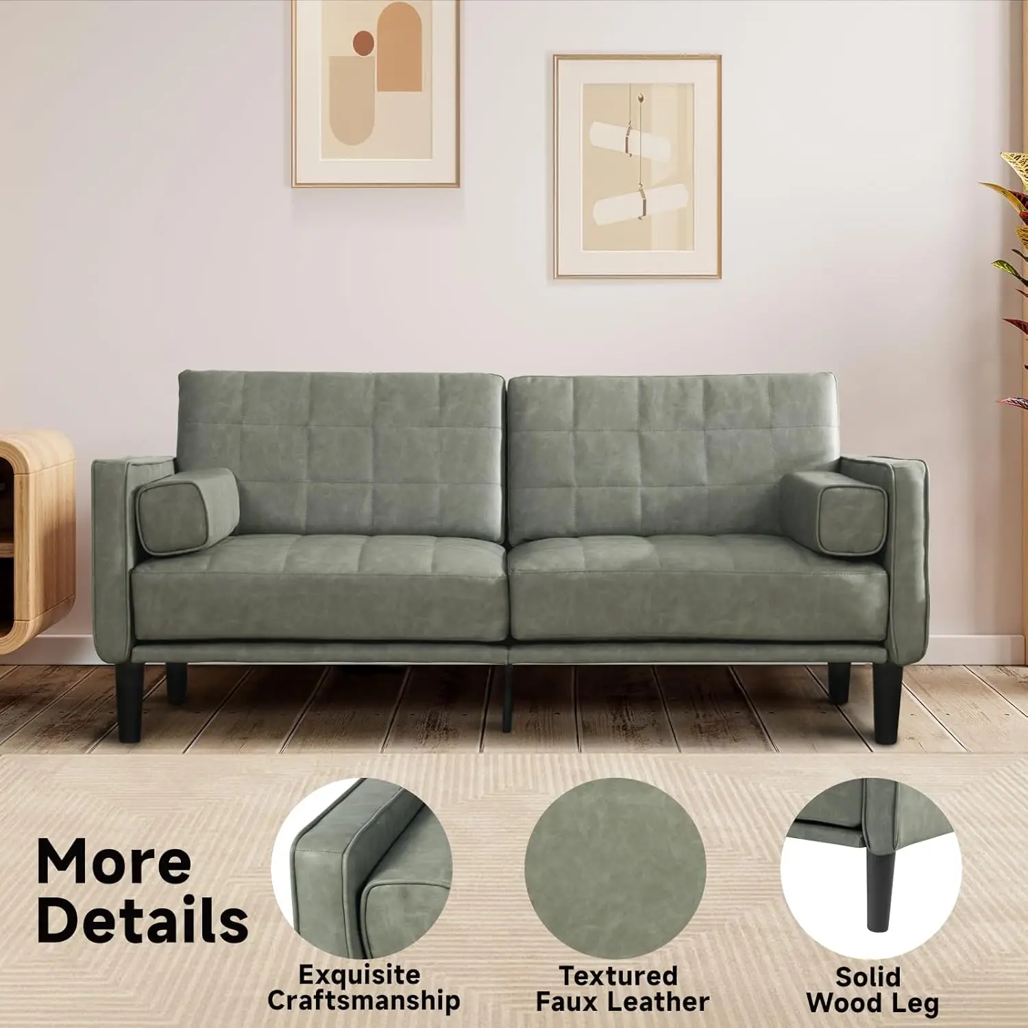 Modern Couch, Breathable Faux Leather Couch with Upholstered Cushions/Pillows, Loveseat Sofas & Couches, for Living Room (Olive