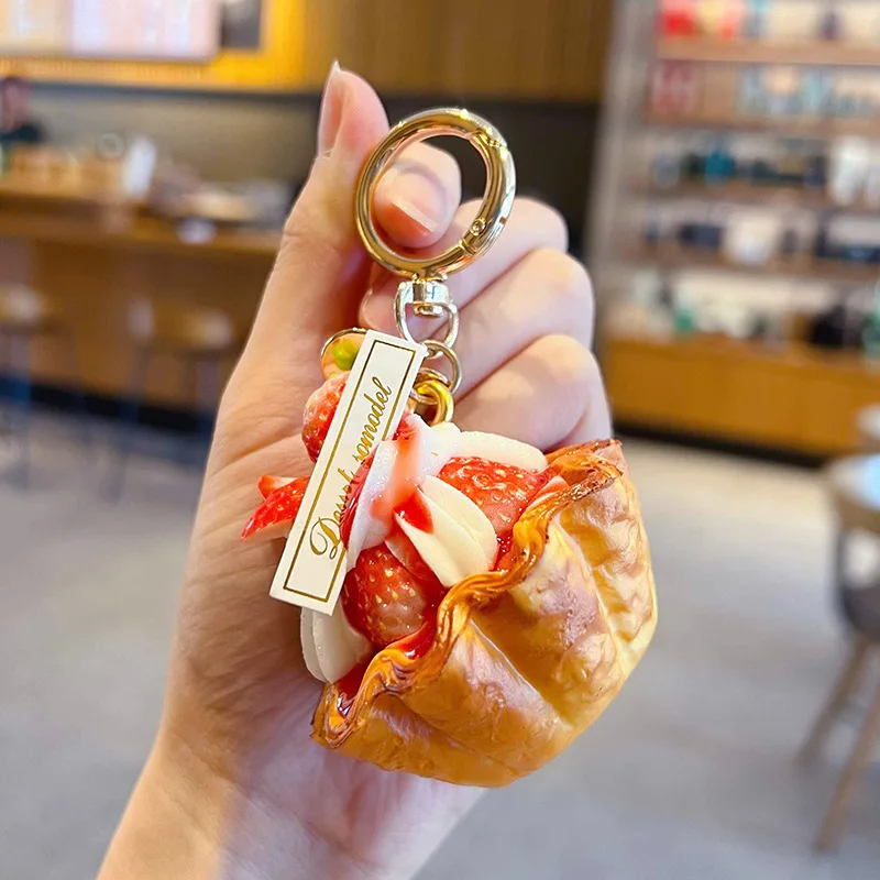 Creative PU Strawberry Egg Tart Keychain Realistic Dessert Bag Charm Ice Cream Key Ring Backpack Pendant Car Accessory Gift view 5