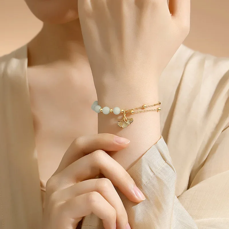 Shining U S925 Sivler Hetian Jade Gingko Leaf Braclet for Women Gold Plated New Chinese Style Fine Jewelry Gift