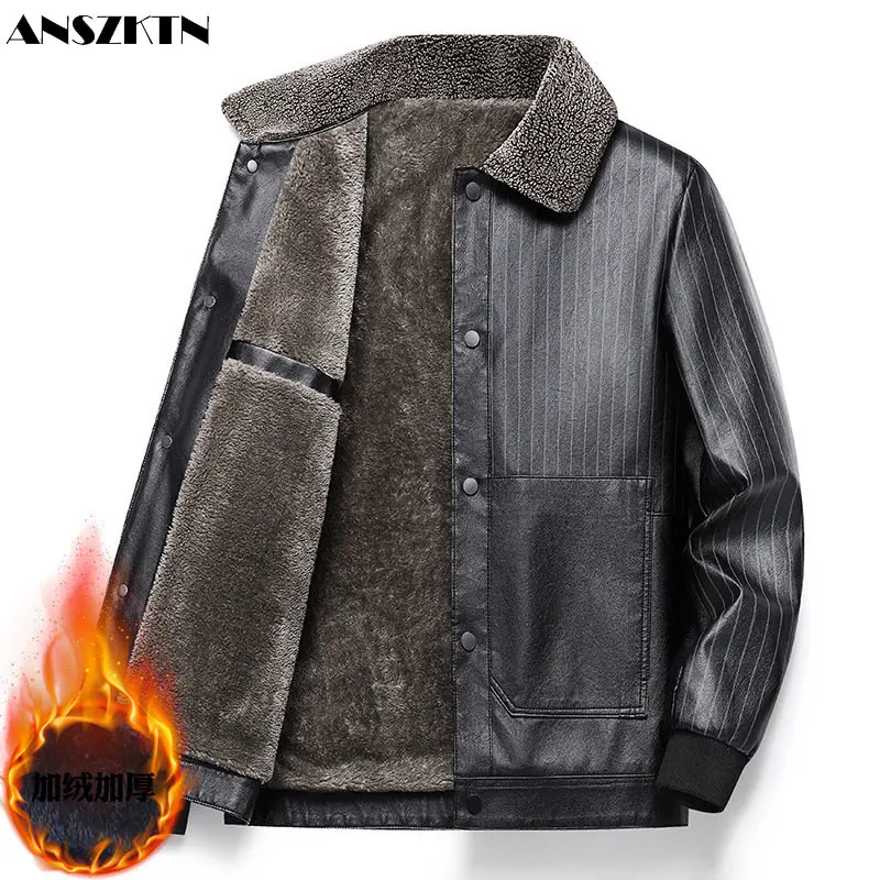 ANSZKTN New men's jacket with plush and thick men's lapels leather jacket with medium and elderly concealed buttons, striped PU