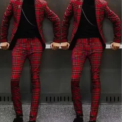 Summer Red Plaid Men Suits Two Piece Latest Design Notch Lapel Single Breasted Male Suit Slim Casual Formal Groom Wedding Tuxedo