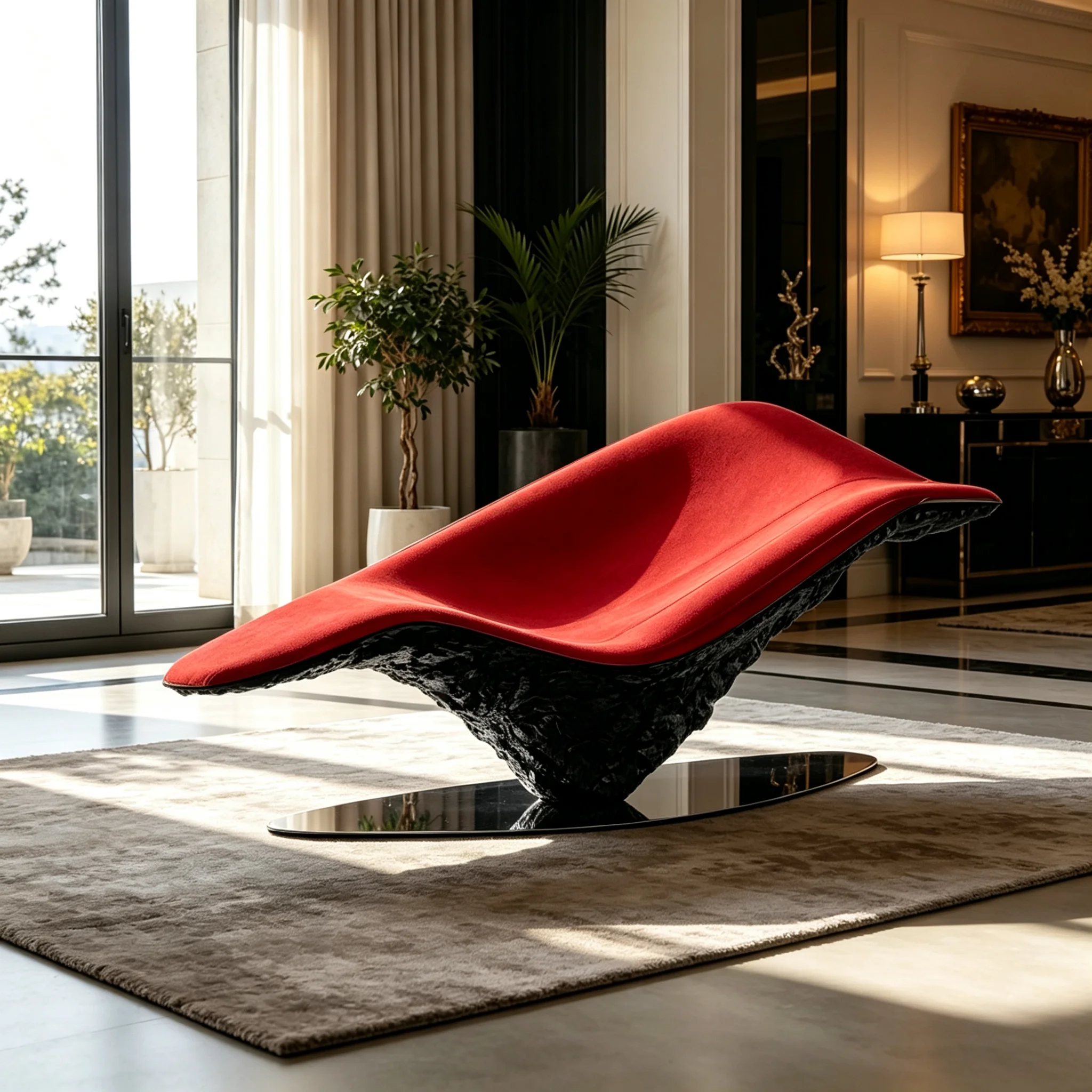 A*-Modern Sculptural Flying Carpet Lounge  Red Velvet Upholstery and Textured Fiberglass Base