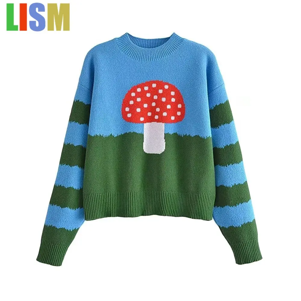 

LISM women's winter clothes y2k sweatshirt 2025 Contrast Color Cute Mushroom Pullover Long Sleeve Age-Reducing Sweater Top