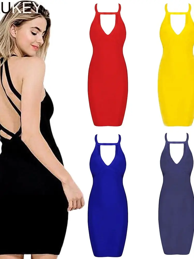 2025 Profondo scollo a V Fasciatura elastica Moda Donna Taglio sexy Abito dalla fasciatura cava Blu Spaghetti Abito da donna Party Aderente Vestido