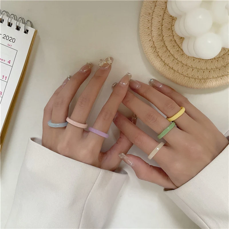 5pcs/set Acrylic Ring Set for Women Simple Fresh Light Colorful Resin Round Ring Gilrs Fashion Jewelry Sets 2023 Summer