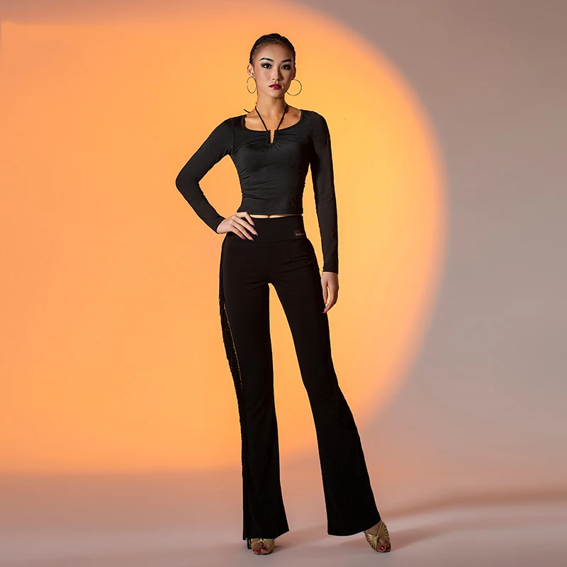 Black Fringed Latin Dance Pants Women Sexy Slit Pants Professional Ballroom Dance Practice Wear Cha Cha Samba Trousers BL7703