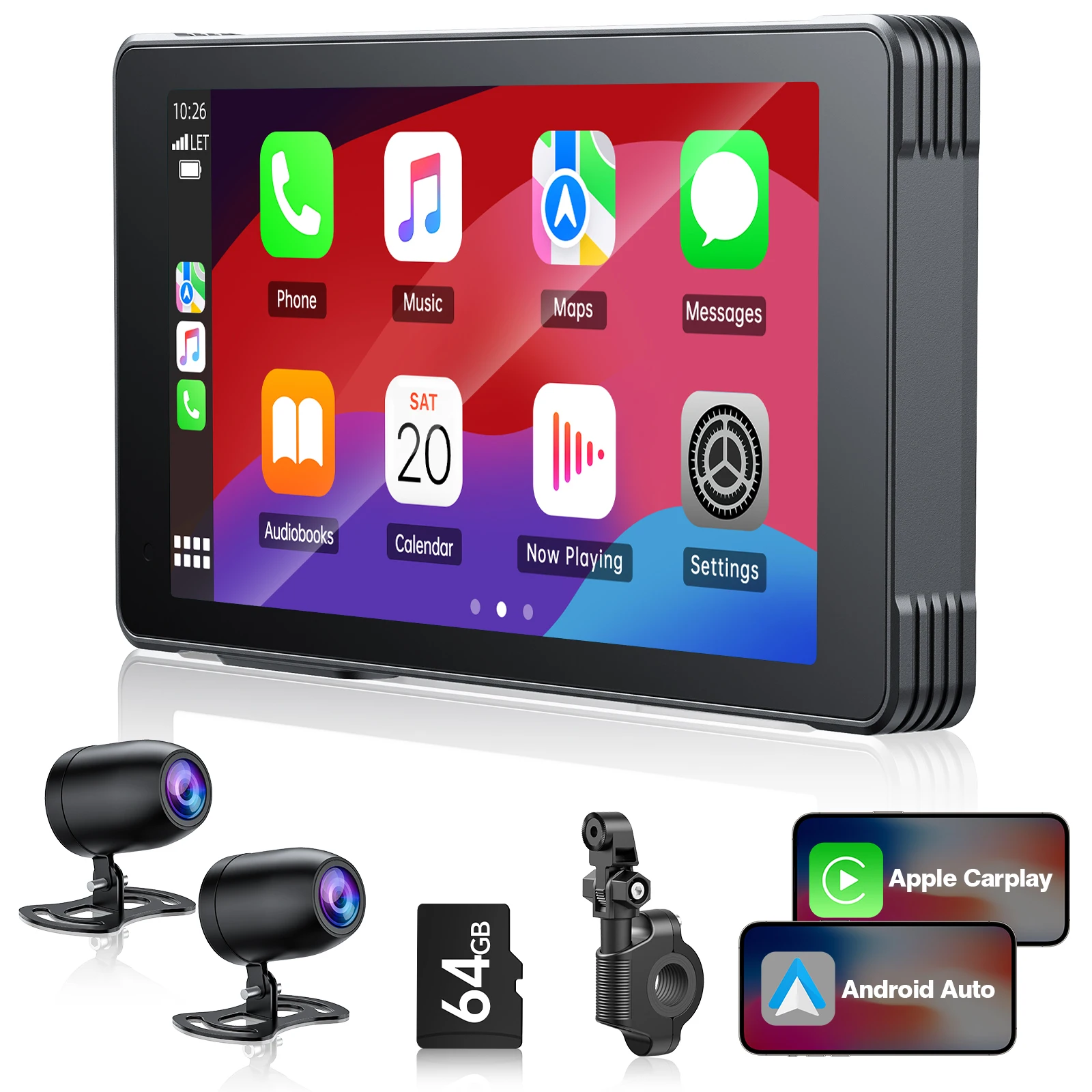 

TOGUARD 5.5'' Wireless Apple CarPlay display for motorcycles, Android Auto,dash cam 2K+1080P Camera,touch screen,IP67 waterproof