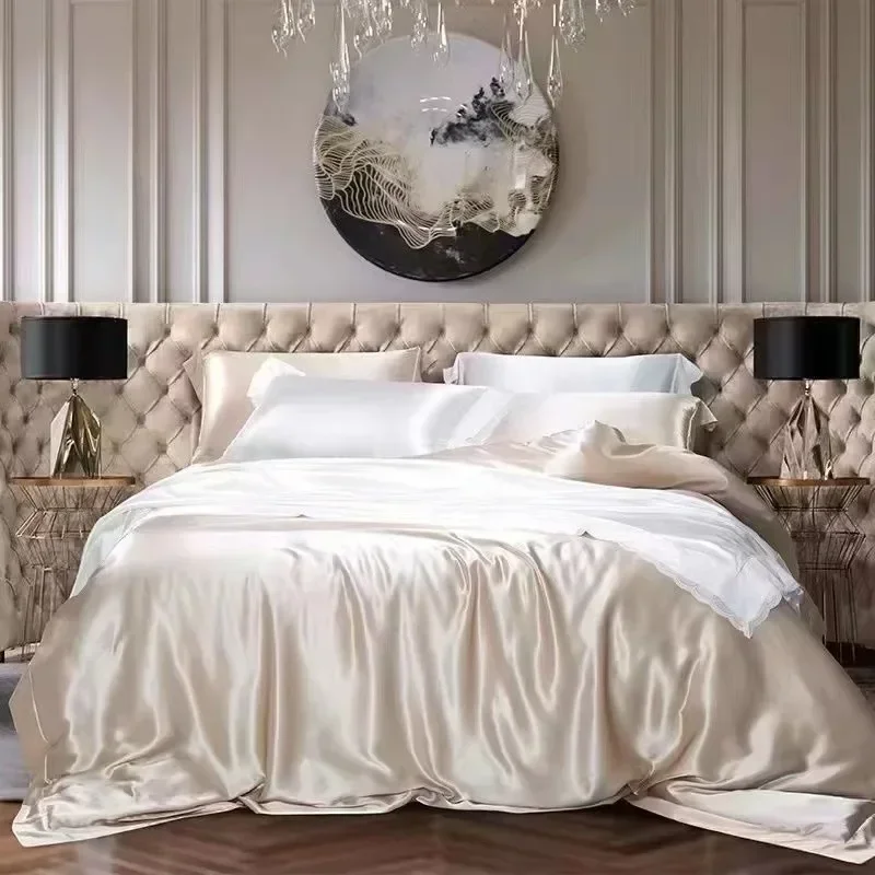 Luxury Solid Color Silk Satin Bedding Set European Smooth Skin-Friendly Bedclothes Soft Breathable Home Textile for Four Seasons