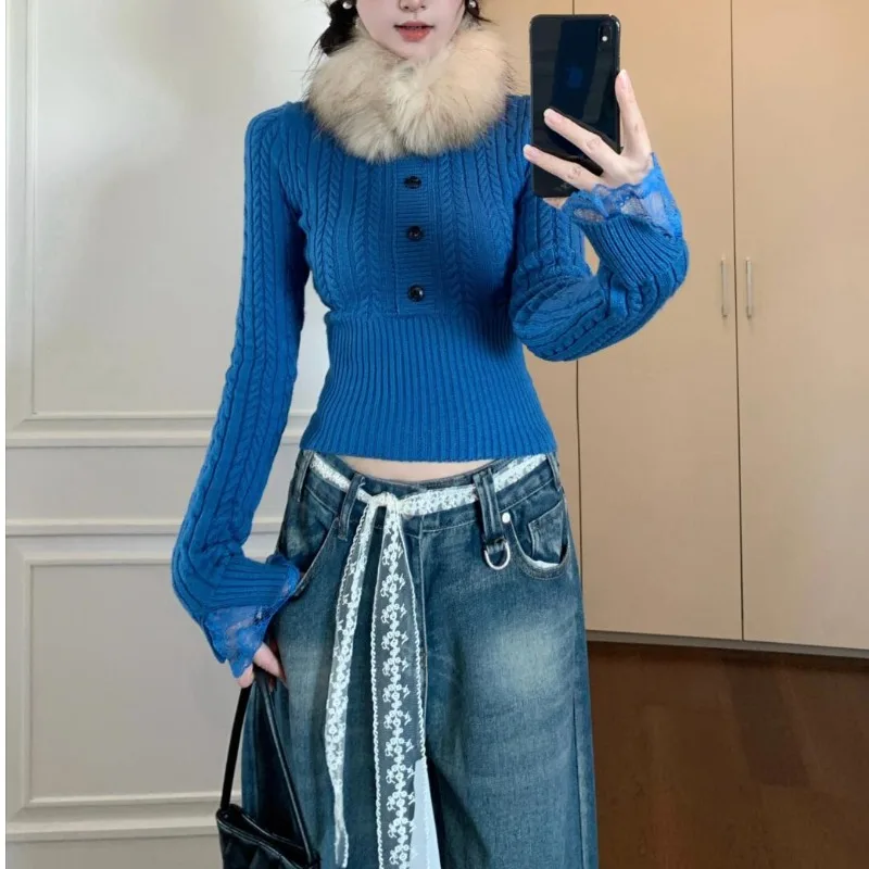 Jesienno-zimowy sweter z długim rękawem, retro, podkreślający talię, z wstawkami w kwiaty, dzianinowy, czerwony na Nowy Rok, gruby, dopasowany.