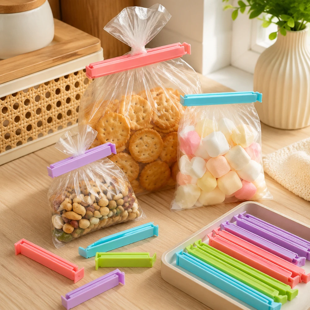 12 Pack Plastic Food Bag Clips for Snacks Storage 3 Sizes Curved Design Seal Clips for Kitchen Home RV Dorm Storage