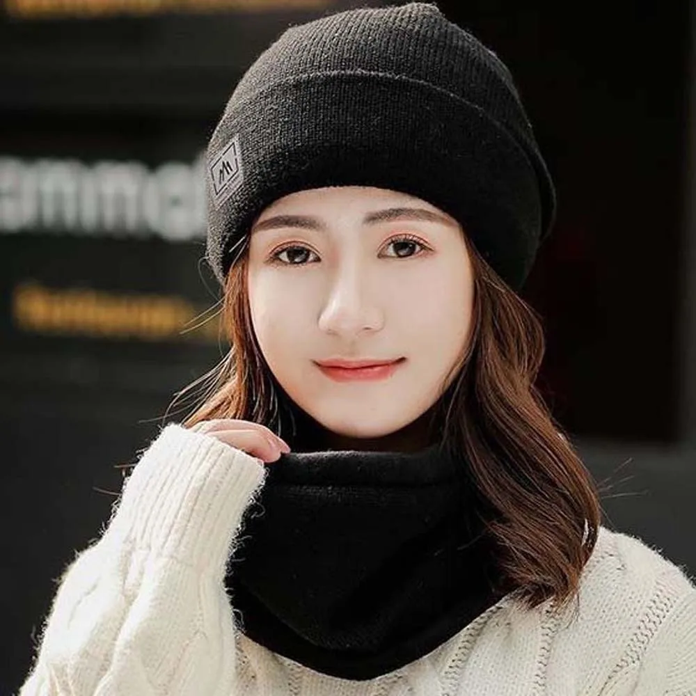 قبعة إيرفلاب قبعة مرنة ووشاح بدلة عصرية بلون سادة بلوفر شتوي على الطراز الكوري وشاح مدمج مناسب للاستخدام في الهواء الطلق