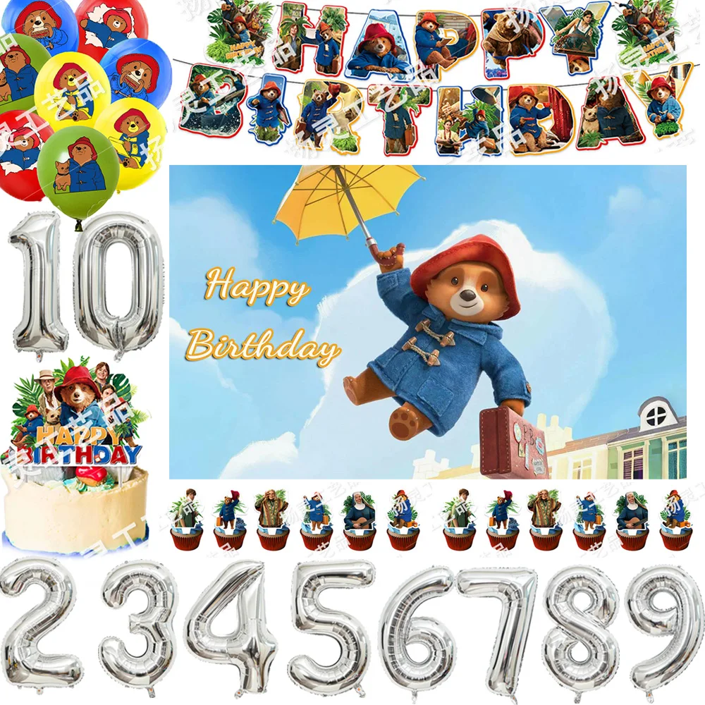 

P-Paddingtoned Bear 3 Kid Birthday Party Decoration Number Balloons Cake Topper Popular Game Background Banner Party Supplies