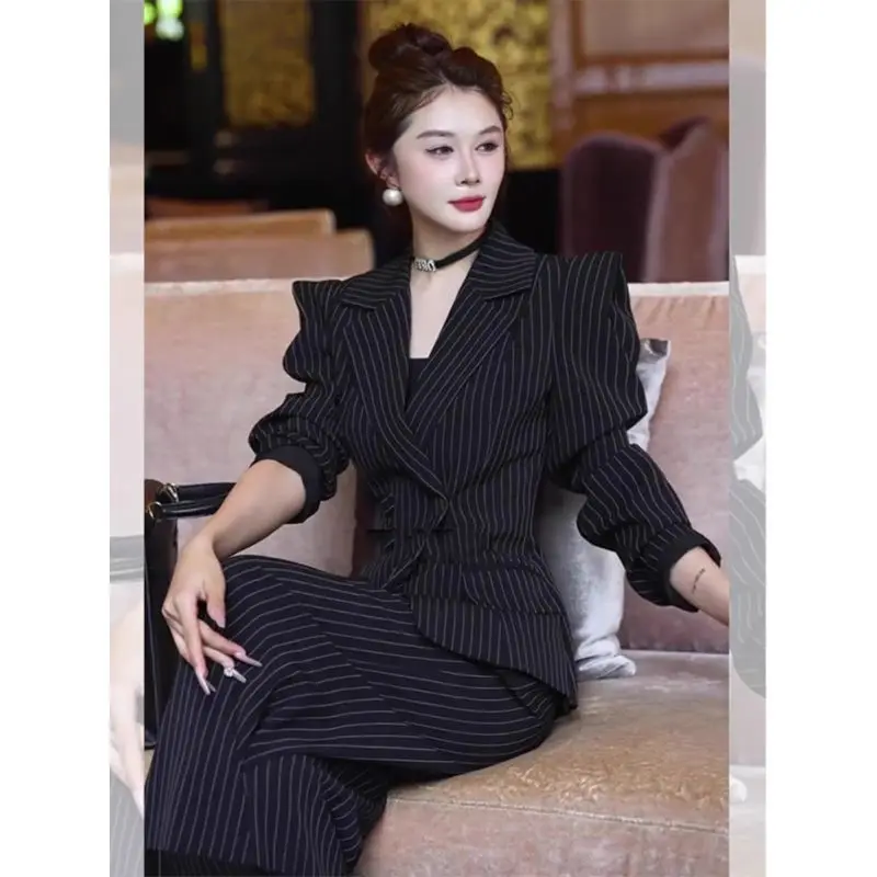 A Complete Set of Black Striped Suit Temperament Professional Suits Models Popular Light Luxury Advanced Sense Femininity Casual