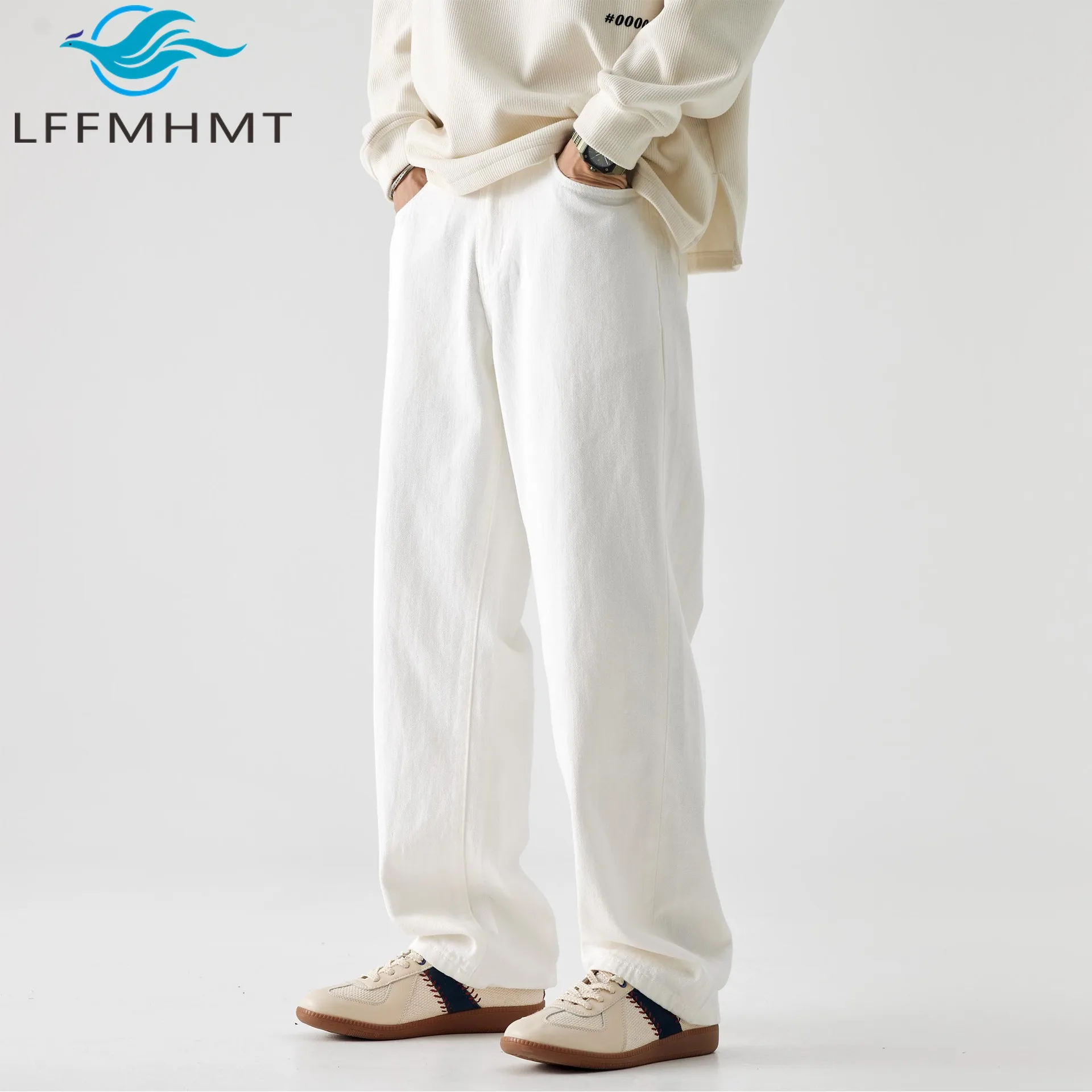 

100% Cotton Solid Color Simple Basic White Jeans Men's Spring Fall Fashion America Style Hip Hop Daily Streetwear Denim Pants