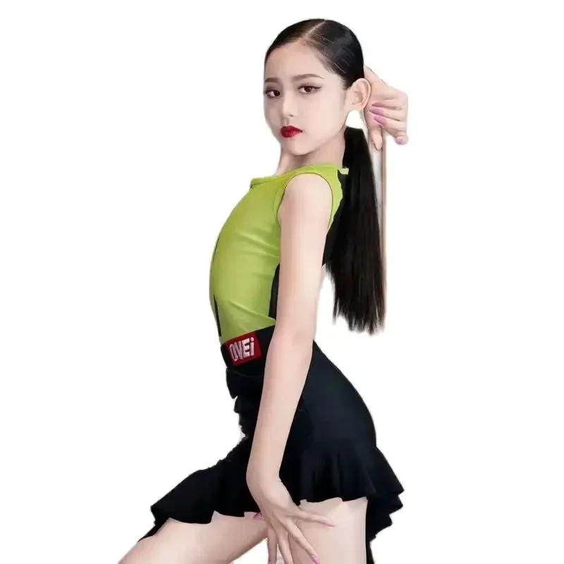 Children'S Performance Latin Dance suit Clothes Kids Latin Split Suit Girls Green Latin Top Skirts Competition Practice Wear